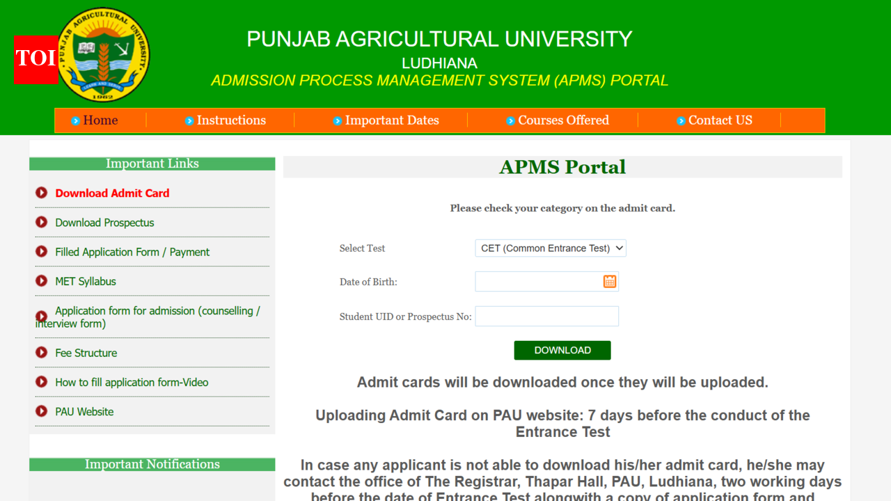 PAU CET 2026 admit card to be released soon at pau-apms.in: Check date, steps to download hall ticket here