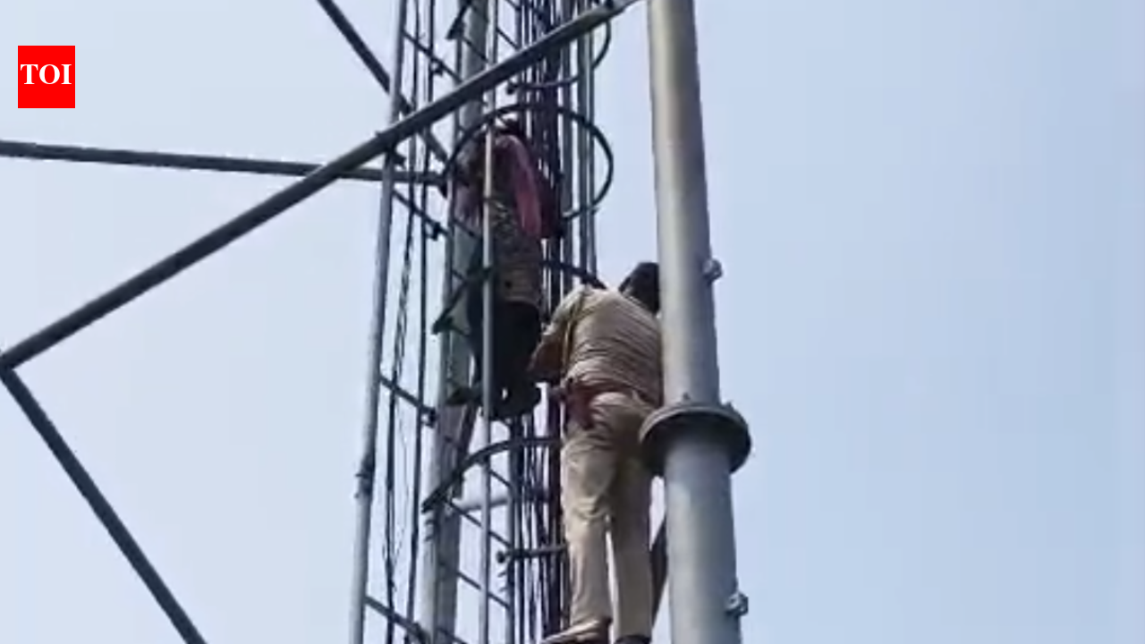 Woman climbs mobile tower, rescued