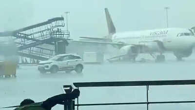 Watch: Indigo stepladder crashes into parked Air India aircraft at Delhi airport during sudden storms