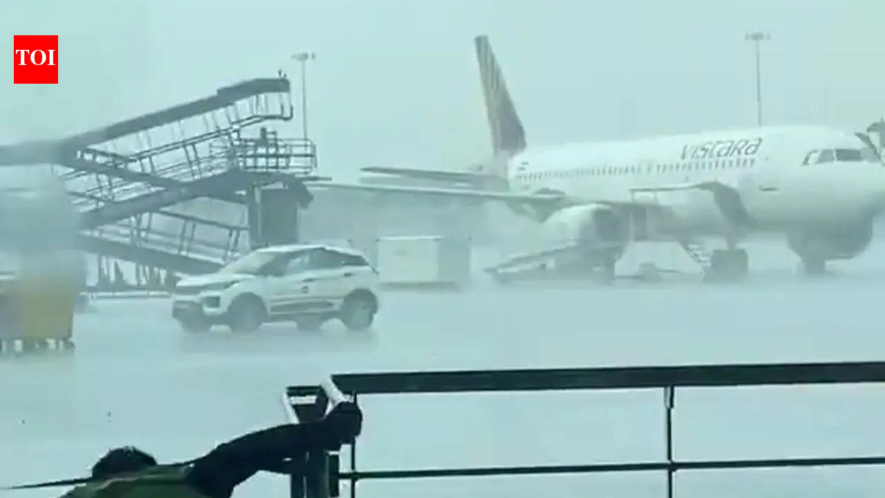 Watch: Indigo stepladder crashes into parked Air India aircraft at Delhi airport during sudden storms