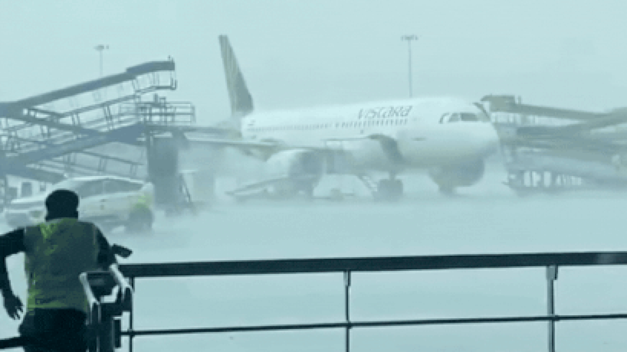 Watch: Indigo stepladder crashes into parked Air India aircraft at Delhi airport during sudden storms