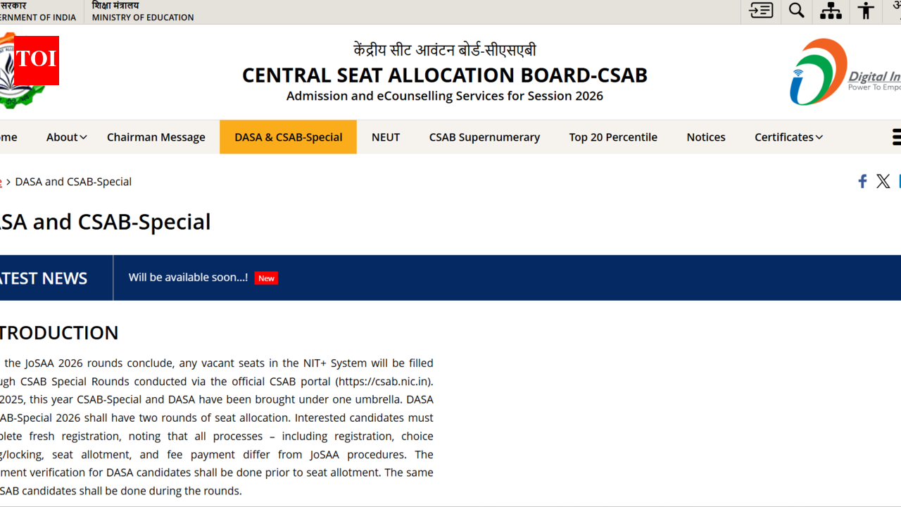 DASA UG, CSAB special round counselling 2026 dates out: Check complete schedule here