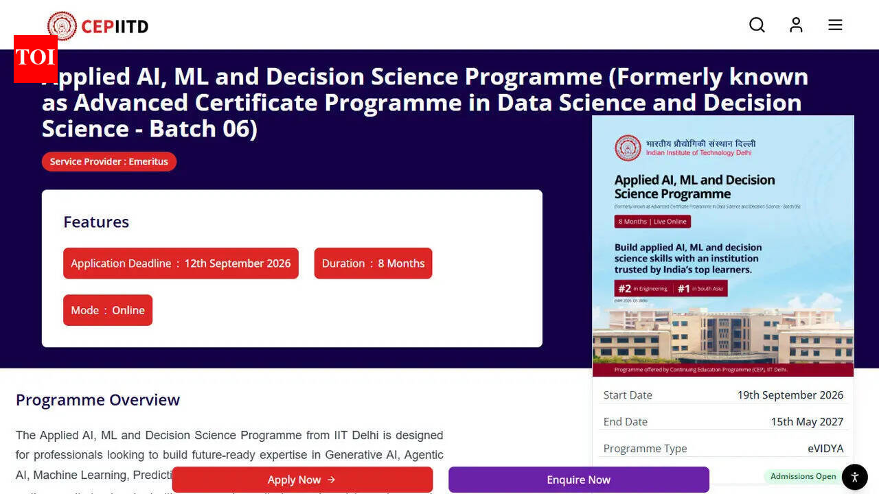 IIT Delhi opens admissions for online Applied AI, ML and Decision Science course 2026