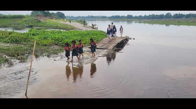 Bilasipara students wade through floodwaters as bamboo bridges submerge