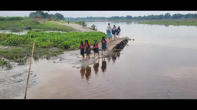 Bilasipara students wade through floodwaters as bamboo bridges submerge