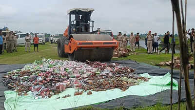 Majuli police use road rollers to crush bottles of illegal liquor, 1,475 litres destroyed