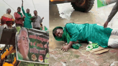 Lalu Prasad's 79th birthday bash: RJD worker climbs JCB to cut cake, falls; video goes viral