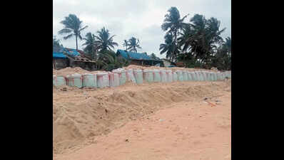 Sandbags back at Meenakaliya Beach to prevent sea erosion