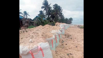 Sandbags back at Meenakaliya Beach to prevent sea erosion