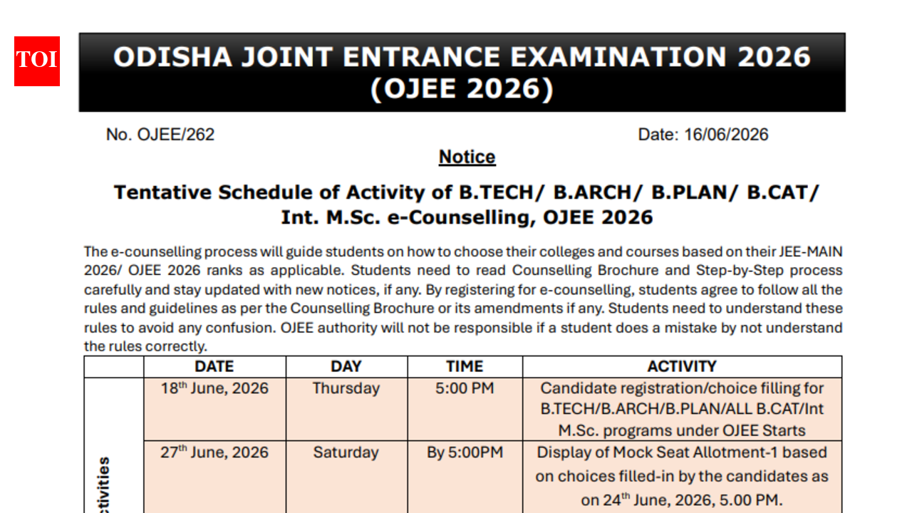 OJEE काउंसलिंग 2026 का शेड्यूल जारी: राउंड 1 पंजीकरण, विकल्प भरना कल से ojee.nic.in पर शुरू होगा
