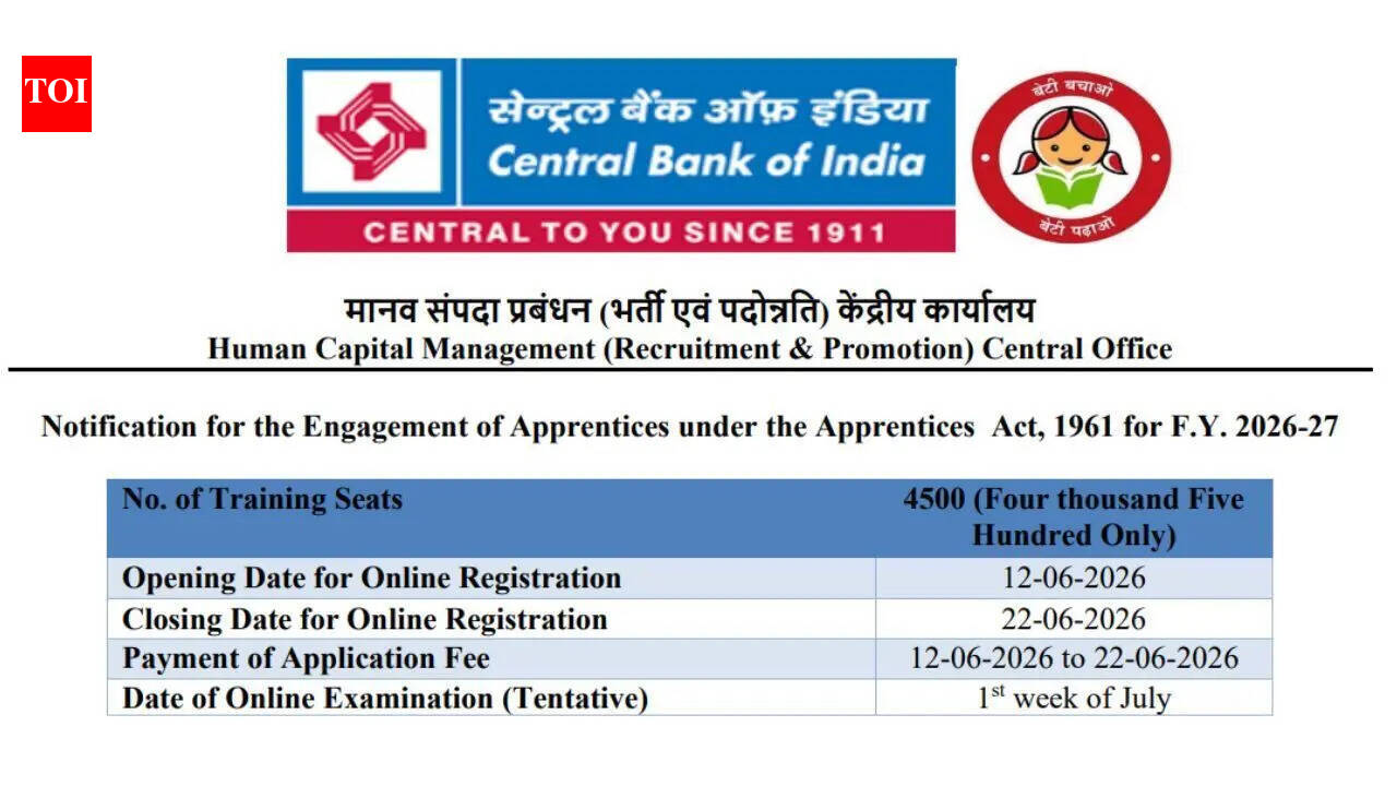 Central Bank of India announces 4500 apprentice posts: Check how to apply from June 12