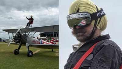 Jalandhar-born Arvinder Bahal, first Sikh space traveller, performs wing walking 600 feet above ground