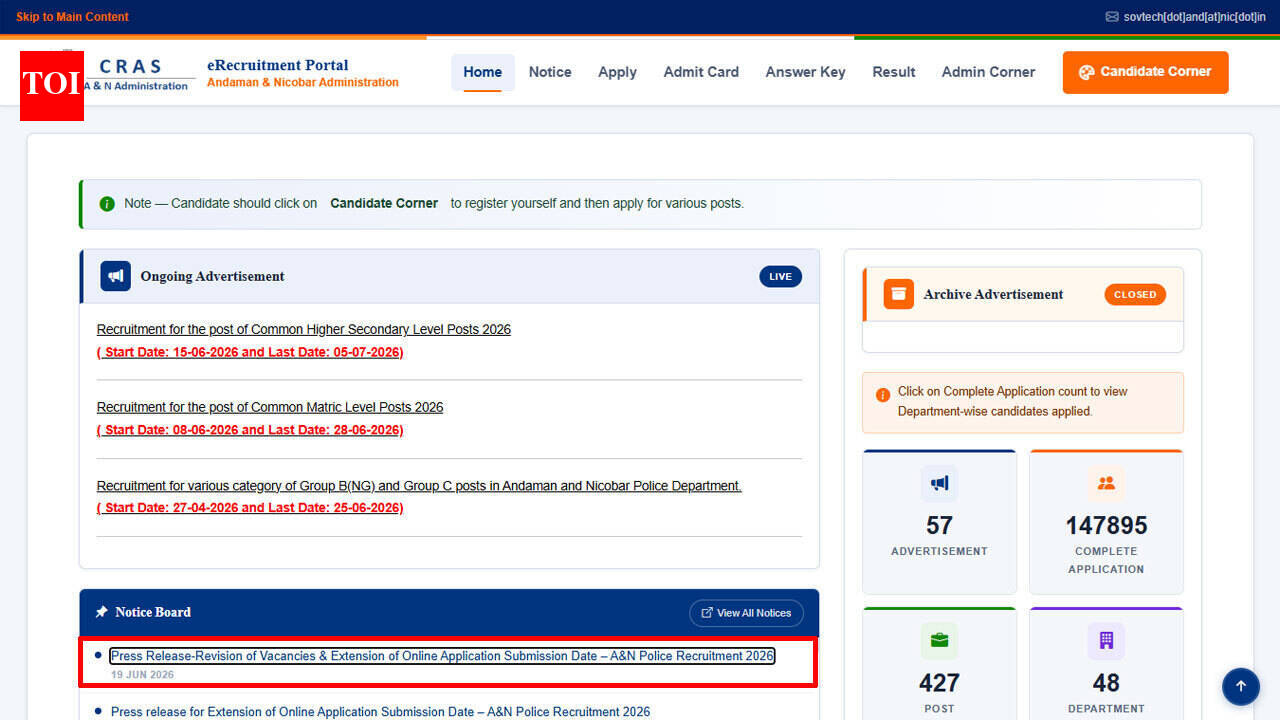 Andaman &amp; Nicobar Police recruitment 2026 revised vacancies announced, online application window extended until June 25