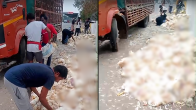 Chicken-laden truck overturns near Rajiv Chowk in Gurgaon