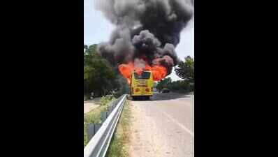 100 passengers escape bus fire near Ludhiana district’s Khanna town.