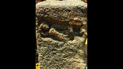 Rare 4-sided pillar with Buddha Parinirvana sculpture found in Adilabad