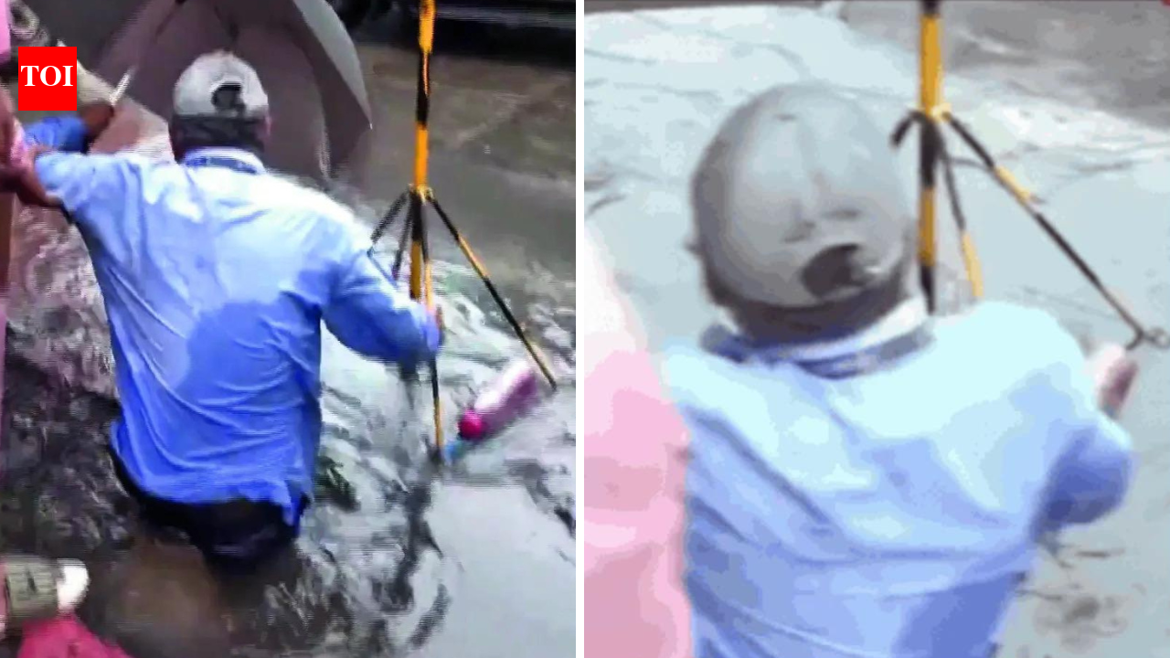 BMC staffer falls into flooded open drain during mayor's inspection in Mumbai