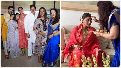 Parents-to-be Aditya Seal and Anushka Ranjan are all smiles during a traditional Godhbharai