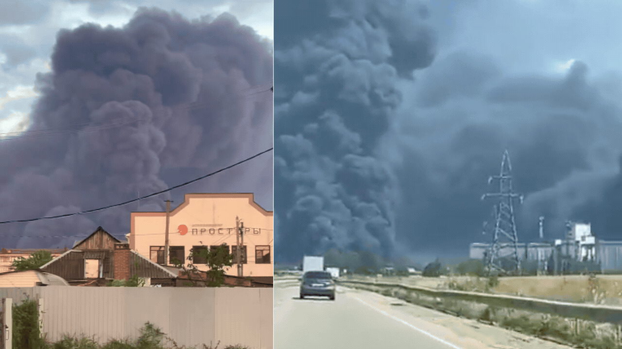 Watch: Massive black smoke billows from Russian oil refinery after Ukrainian drone strike, 1 dead