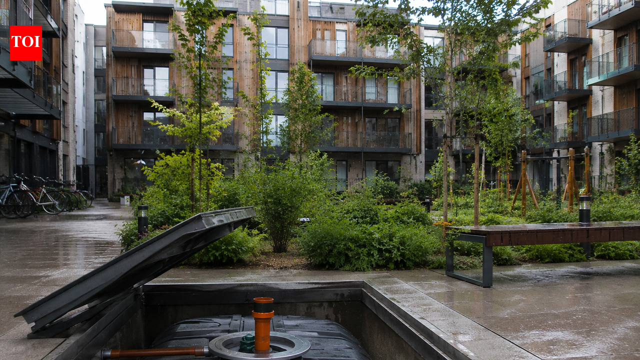 A Swedish neighbourhood buried a 25,000-litre rainwater tank beneath an apartment courtyard, and now the rooftops water the gardens instead