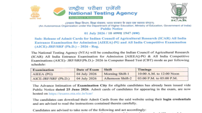 NTA releases ICAR AIEEA PG, PhD 2026 admit cards; exam on July 4: Direct link to download hall tickets here