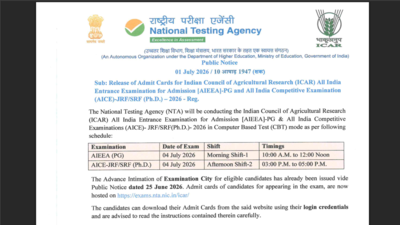 ICAR AIEEA PG, AICE-JRF/SRF (PhD) 2026 admit cards released at exams.nta.nic.in/icar: Direct link to download hall tickets