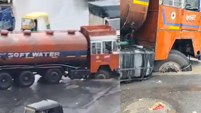 Road cave-in near Surat's G9 Circle leaves tanker stranded