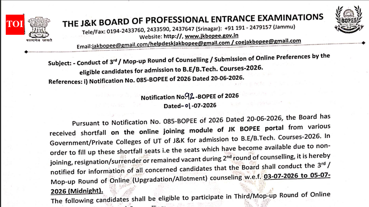 JKCET 2026 round 3 counselling begins at jkbopee.gov.in: Check complete details here