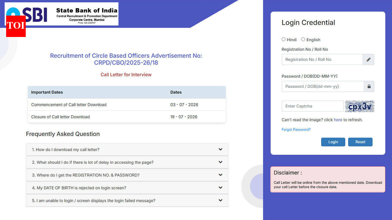 SBI CBO interview admit card 2026 released: Direct link to download hall ticket for 2,050 vacancies