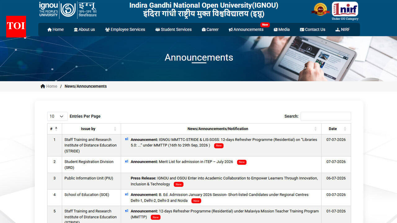IGNOU publishes ITEP Merit List 2026 at ignou.ac.in for July admissions; download PDF here