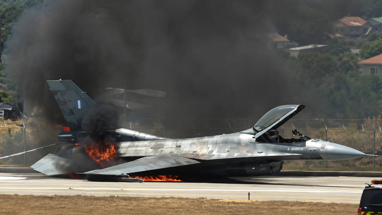 Watch: F-16 burst into flames after crash-landing at Greek island airport; pilot safe