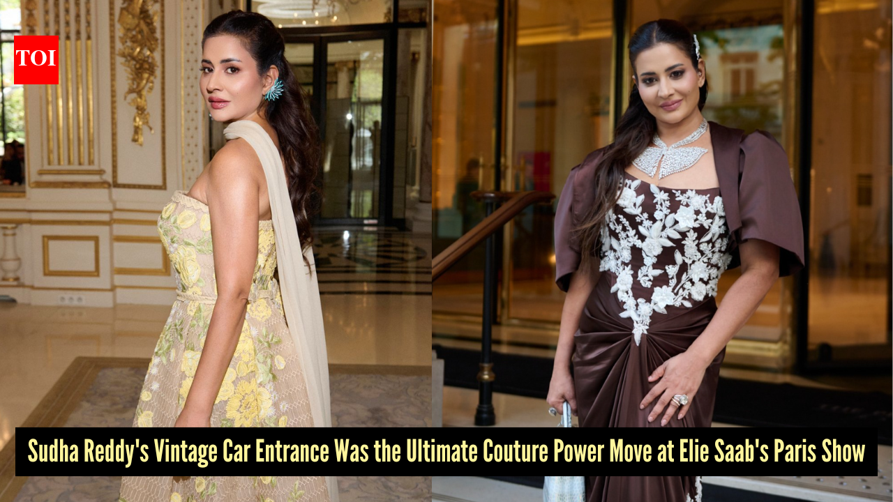 Sudha Reddy proved fashion begins before the front row with a vintage car arrival at the Elie Saab Couture show