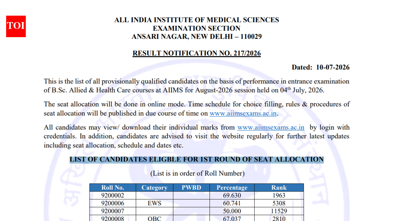 AIIMS Paramedical result 2026 out at aiimsexams.ac.in; counselling schedule to be released soon: Check direct link here