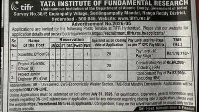 TIFR Hyderabad Recruitment 2026: Apply before July 31 for Scientific Officer and Engineering posts; check details here