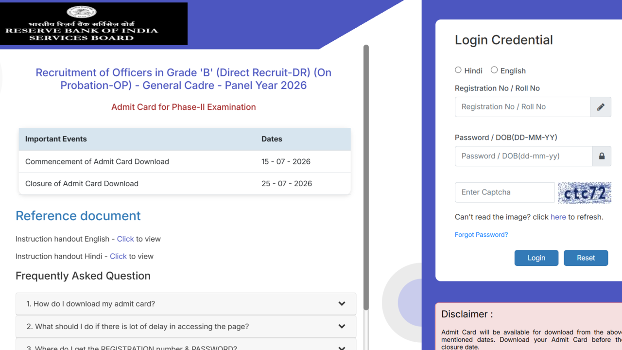 RBI Grade B admit card 2026 released at rbi.org.in for Phase 2 exam: Direct link to download hall ticket here