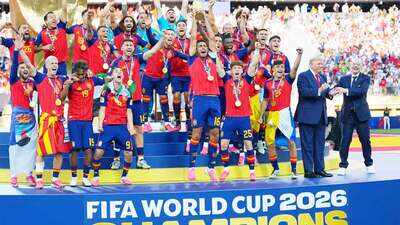 Awkward scenes! Donald Trump remains on podium during Spain's FIFA World Cup trophy celebrations; Gianni Infantino steps in - WATCH