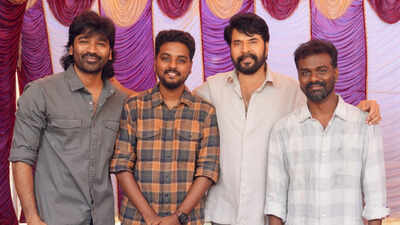 National Award winners Mammootty, Dhanush, Rajkumar Periyasamy, and Kalaivanan celebrate together on 'OM' sets