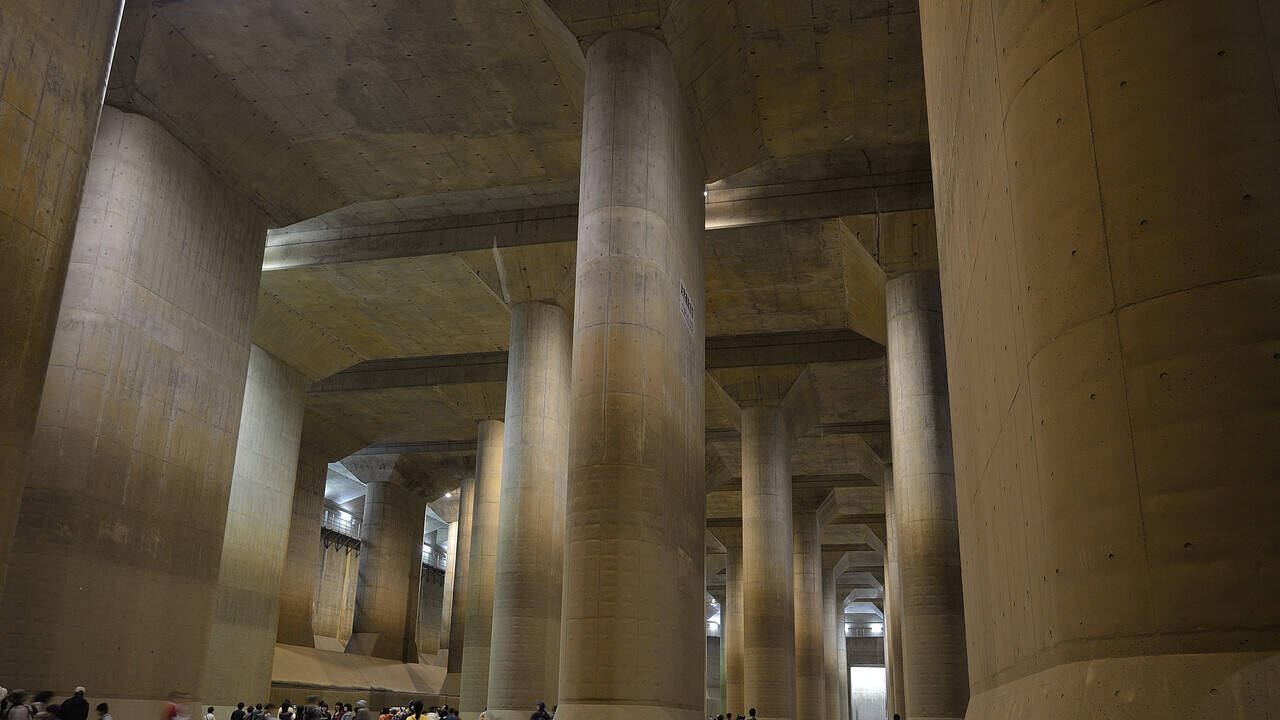 Beneath Tokyo hides an 'underground temple' the size of a cathedral, 59 towering pillars in a vast concrete cavern that swallow floodwater to keep the megacity from drowning