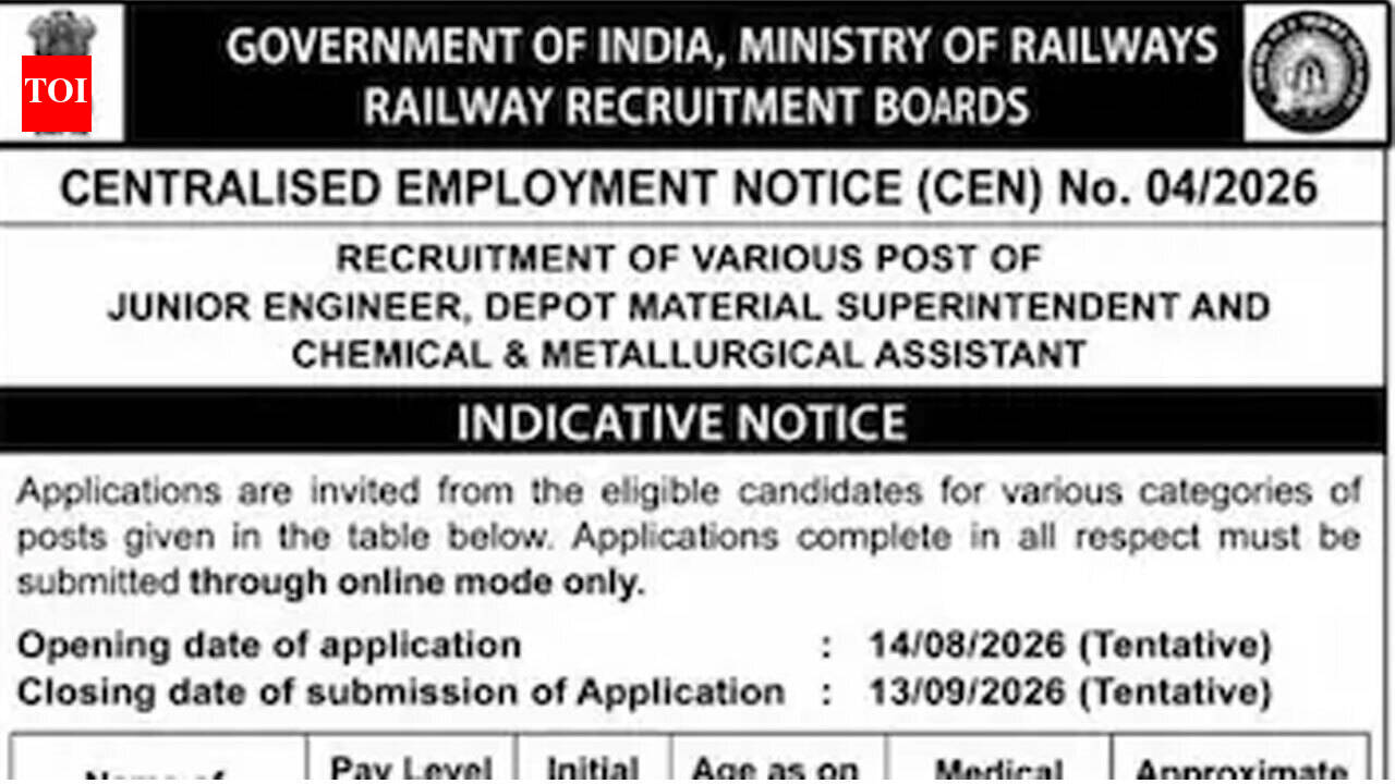 RRB JE 2026 notification out for 4,098 posts; apply from August 14