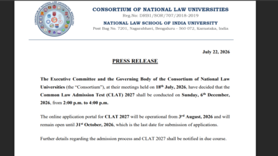 CLAT PG 2027 notification released: Registration starts from August 3, exam will be held on December 6