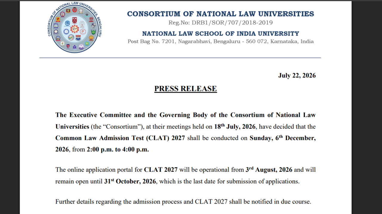 CLAT PG 2027 notification released: Registration begins August 3, exam on December 6