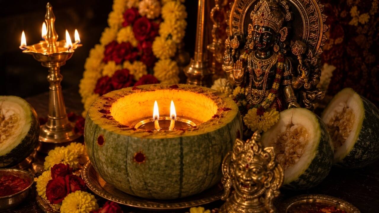 कुष्मांड दीपम: क्या है पेठे के फल में दीपक जलाने की परंपरा और इसके चमत्कारी ज्योतिषीय लाभ?