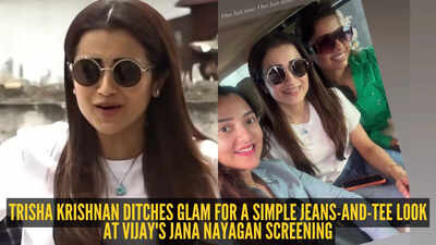 Trisha Krishnan turns heads in a simple blue denim look at Thalapathy Vijay's Jana Nayagan screening