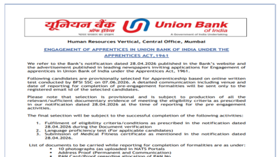 Union Bank of India Apprenticeship Recruitment Result 2026 announced at unionbankofindia.bank.in; Direct Download PDF Link Here