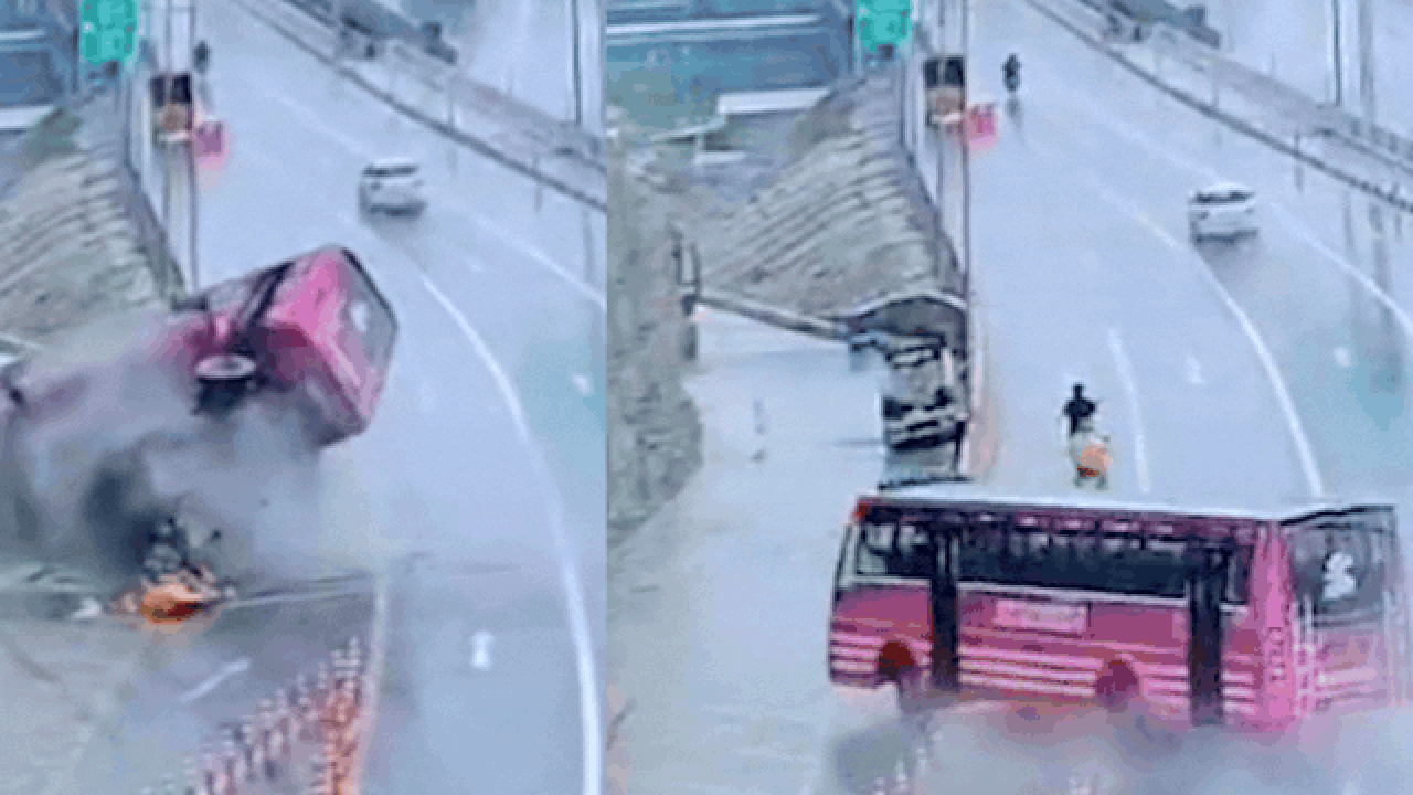 CCTV captures moment bus skids 25 metres before overturning after hitting divider; 1 dead, 26 injured