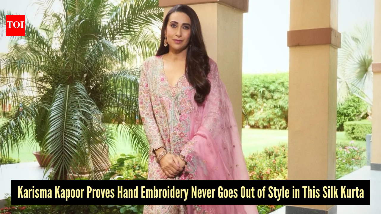 Karisma Kapoor lets intricate resham and zardozi do all the talking in this gorgeous blush-pink silk kurta set