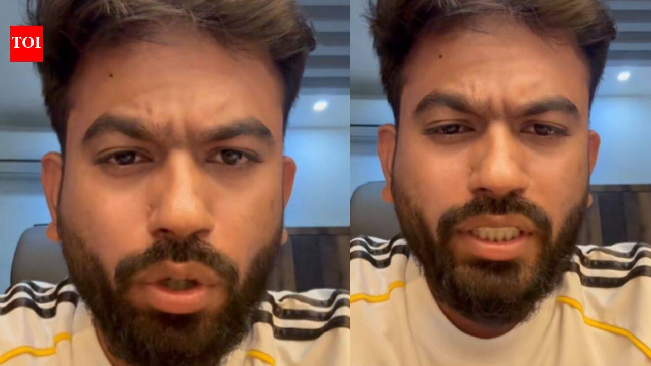 A split-screen view of a bearded man in a striped shirt with a TOI logo.