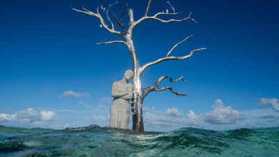Kale Island disappeared beneath rising seas in 2016; a life-size sculpture now marks the site and will gradually become a habitat for seabirds, coral and marine life