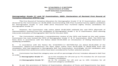 SSC releases revised first round tentative allocation list for Stenographer Grade C, D exam 2025