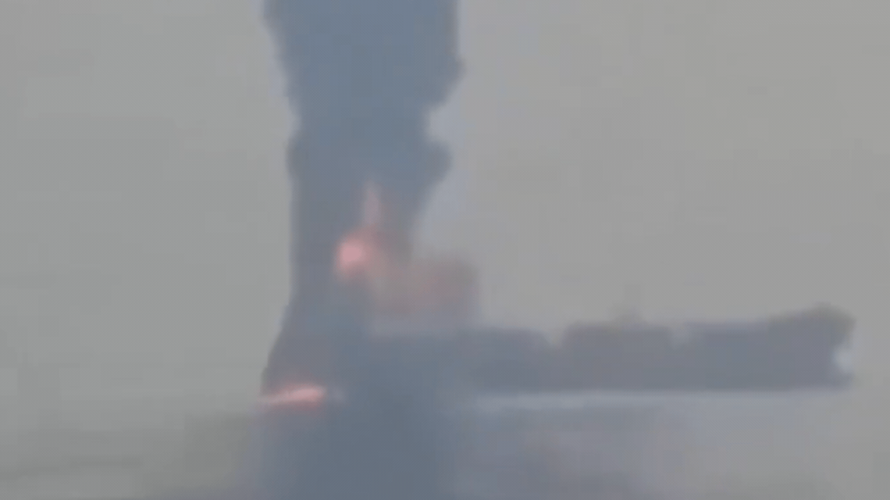 Watch: Indian cargo ship engulfed in flames & smoke after projectile strike off Yemen